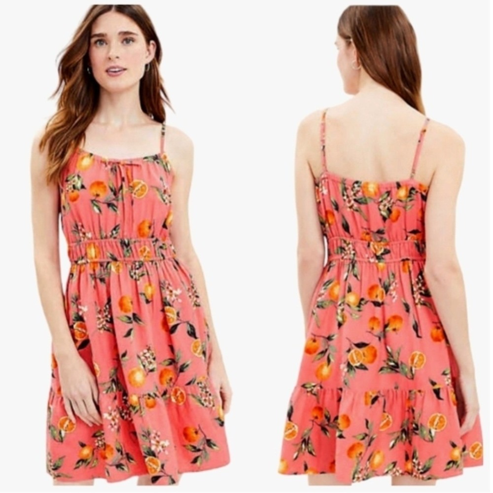 NWT LOFT Orange Citrus Print Linen Blend Tiered‎ Sun Dress Pink XS